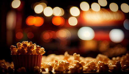 Popcorn is scattered on the table, blurred background with lights