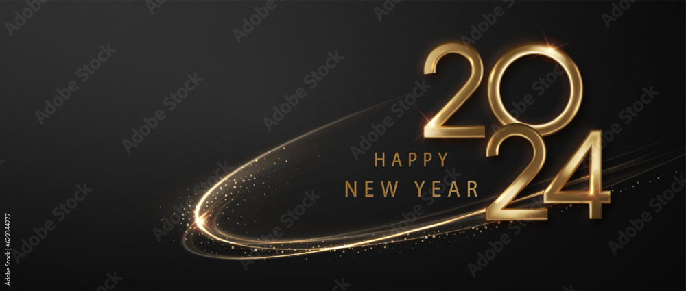 Poster 2024 happy new year background with golden waves swirl with golden sparkles on black background. abs