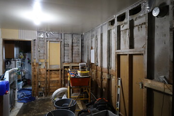 Home renovation kitchen stripped down to the studs