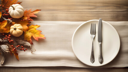 Top view of table setting plate knife fork and napkin on wooden table background.  Thanksgiving autumn place setting with cutlery and arrangement of fall leaves. Thanksgiving day concept. digital ai