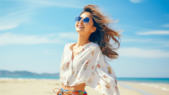  happy summer with a asian fashion model walking joyful along the beach wearing sun glasses