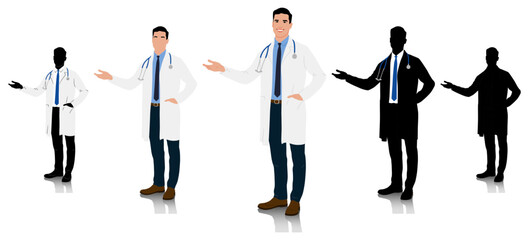 Fototapeta na wymiar A doctor in a white coat pointed sideways. Male healthcare worker. Hand-drawn vector illustration set isolated on white