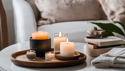 Fototapeta na wymiar Aroma diffuser and candle tray in relaxing oasis, focused atmosphere