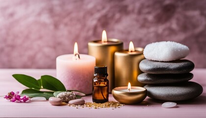 Obraz na płótnie Canvas Spa items like massage stones, essential oils and sea salt, candle, rolled up white towel, plants on pink table with gold marble wall