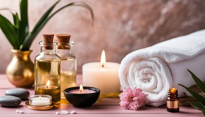 Obraz na płótnie Canvas Spa items like massage stones, essential oils and sea salt, candle, rolled up white towel, plants on pink table with gold marble wall