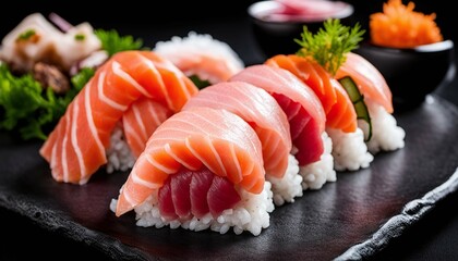 Sashimi sushi on a plate with decorations, authentic japanese