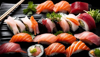 Sashimi sushi on a plate with decorations, authentic japanese