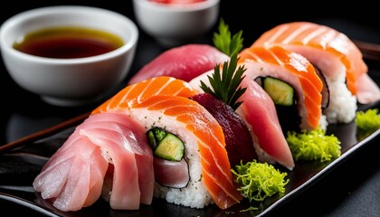 Sashimi sushi on a plate with decorations, authentic japanese