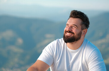 Portrait of a handsome bearded man smiling isolated on nature background.