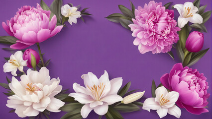Fototapeta premium Bright colorful flower border of purple peonies and white lilies on purple-pink background. Floral design for congratulations.