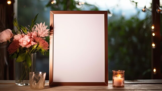 Framed blank white poster, outdoor wedding background