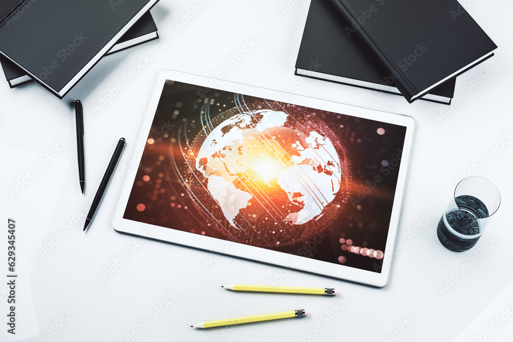 Poster modern digital tablet display with abstract creative world map, globalization concept. top view. 3d 
