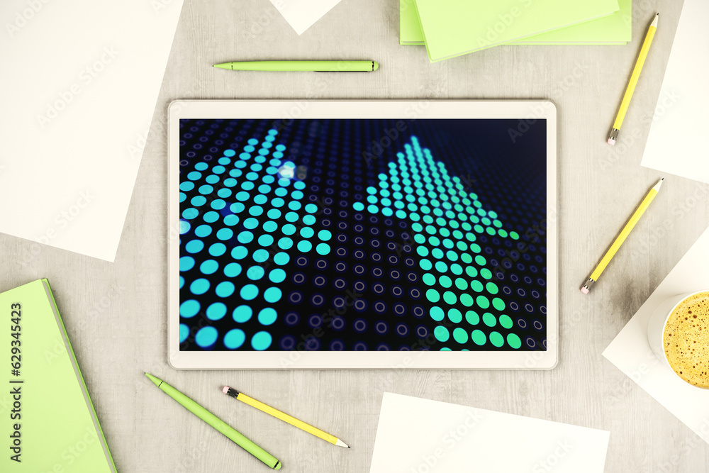 Poster top view of modern digital tablet monitor with creative abstract upward arrows hologram. ambition an