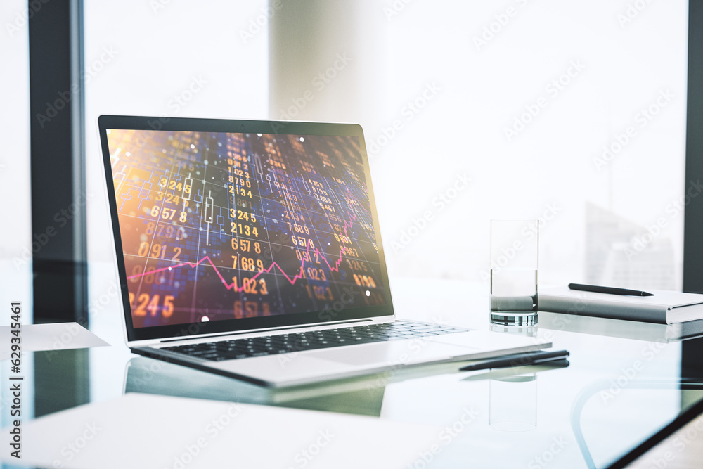 Aufkleber stats data illustration on modern laptop monitor, computing and analytics concept. 3d rendering