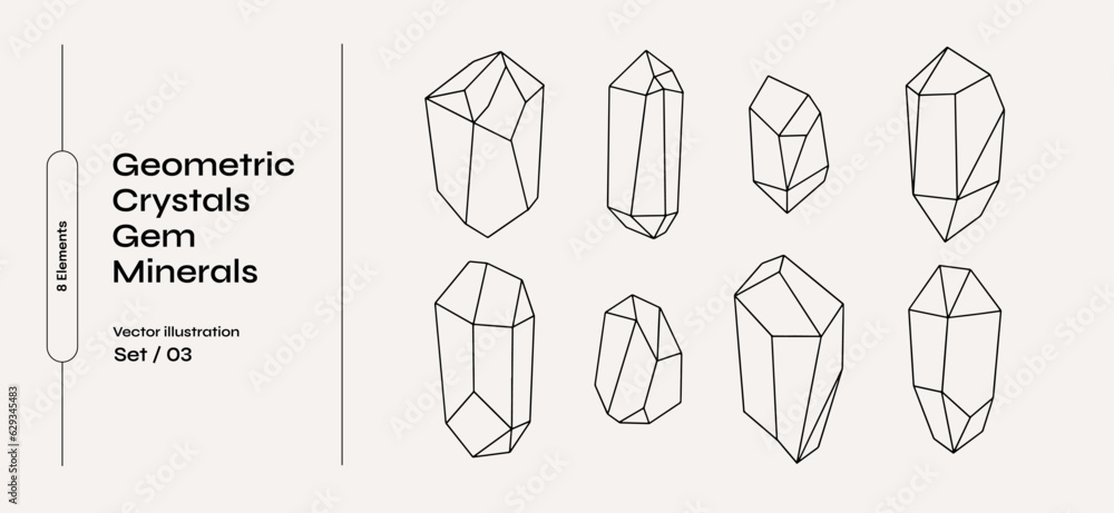 Aufkleber Set of crystals drawn with thin lines. Set of gems or minerals. Collec􀆟on of irregular geometric shapes on a light isolated background. Graphic elements for your design.