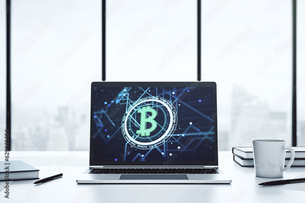 Poster creative bitcoin concept on modern laptop screen. 3d rendering