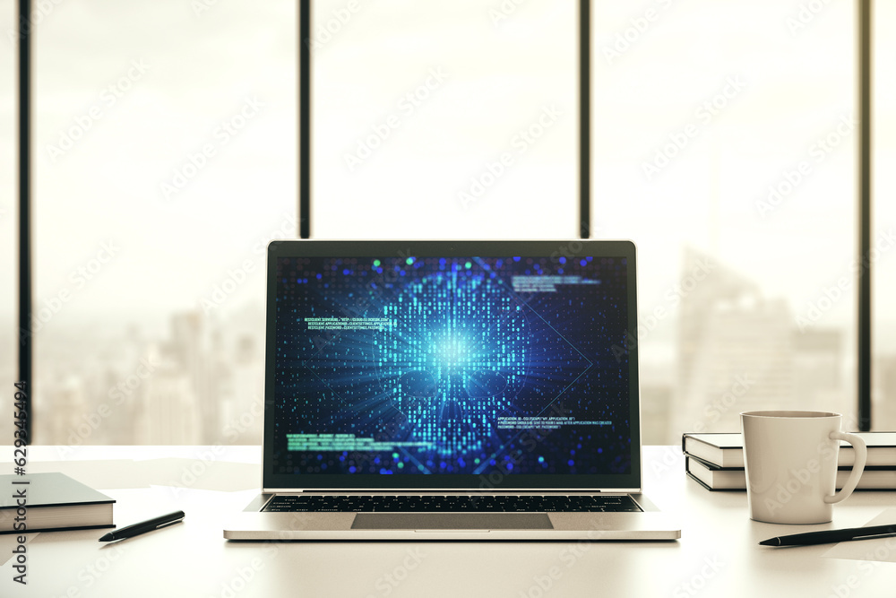 Poster Modern computer monitor with creative code skull hologram. Malware and cyber crime concept. 3D Rendering