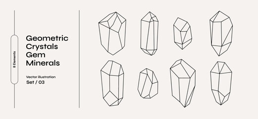 Set of crystals drawn with thin lines. Set of gems or minerals. Collec􀆟on of irregular geometric shapes on a light isolated background. Graphic elements for your design.