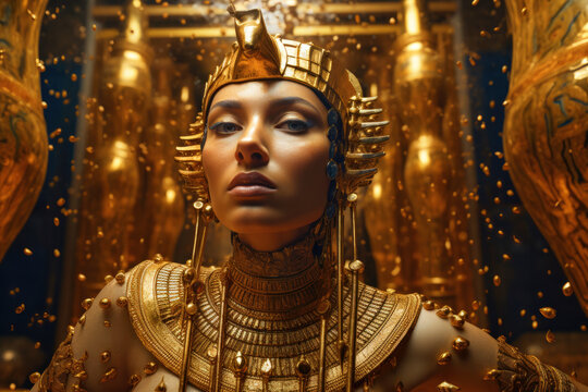 Ancient Egyptian princess in golden outfit with gold raining over her head (Generative AI)