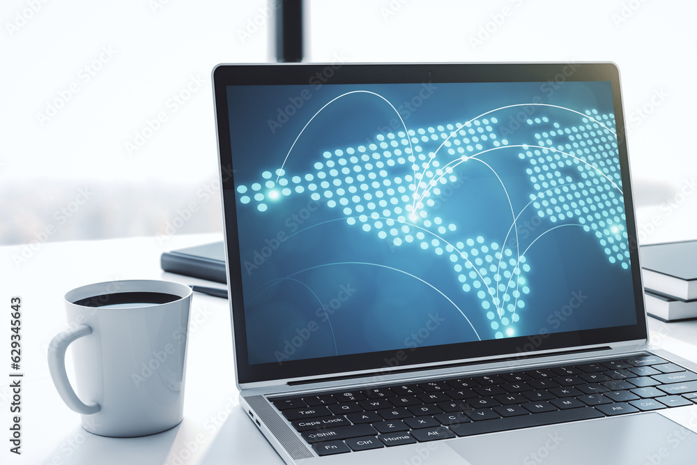 Poster Abstract creative world map with connections on modern laptop screen, international trading concept. 3D Rendering