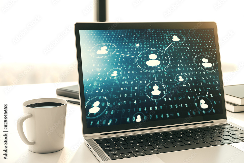 Poster modern computer display with social network icons concept. networking concept. 3d rendering