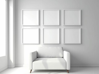 white room with white sofa - 6 blank white frames - frame mockup