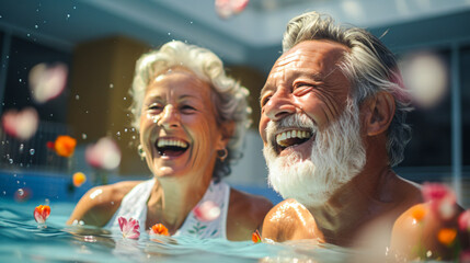 elderly couple doing water aerobics together