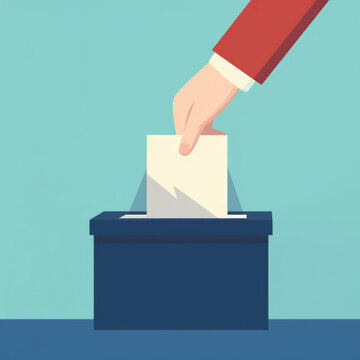 a hand in a jacket lowers a ballot paper into the electoral basket during the elections. the concept of the free will of the people and fair elections. flat drawing