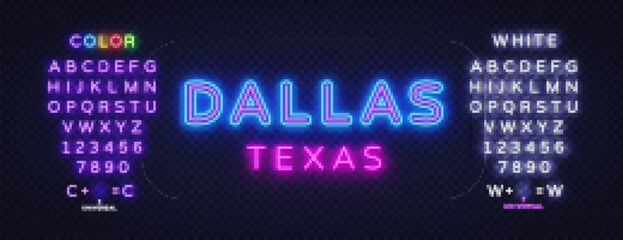 Dallas neon in retro style on light background. Light glowing effect. Design element. Editing text neon sign. Isolated vector illustration