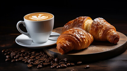 cup of coffee with croissants on a black background. Generative Ai. 