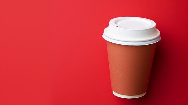 plastic cup with coffee on red background. Generative Ai. 