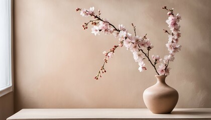 Blossom branch in clay vase near beige stucco wall in modern living room