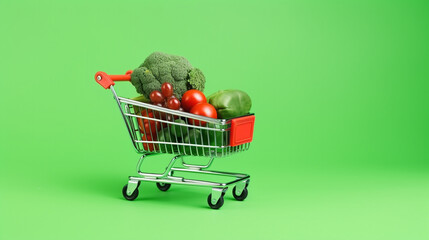 shopping cart with vegetables and fruits. Generative Ai. 