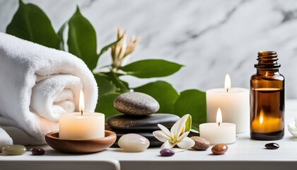 Spa treatment items on white wooden table with marble wall