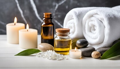 Obraz na płótnie Canvas Spa treatment items on white wooden table with marble wall