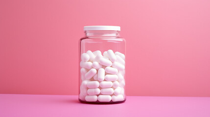 transparent bottle with pills on a light pink background. Generative Ai. 
