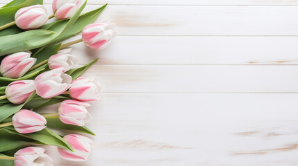 pale pink tulips on a white wooden table top view. Generative Ai. 