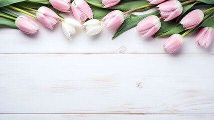 tender pink tulips on white table with empty space to insert top view. Generative Ai. 