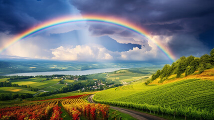 panoramic view with beautiful landscape and rainbow after rain. Generative Ai. 