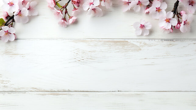 blooming sakura on white wooden background top view. Generative Ai. 