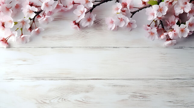 pink blooming sakura flowers on white wooden background with empty space to insert. Generative Ai. 