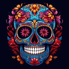 colorful sugar skull decorated with intricate floral patterns on a dark background. 