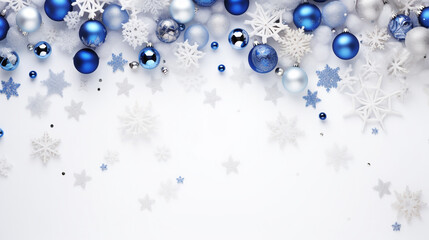 christmas card with blue balls stars snowflakes on white background. Generative Ai. 