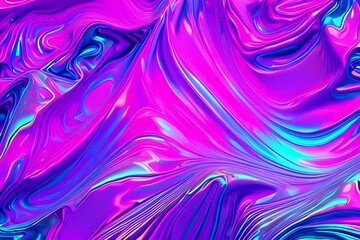 Obraz premium Abstract holographic background in 80s, 90s style. Modern bright neon colored crumpled metallic psychedelic holographic foil texture