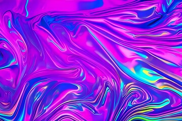 Abstract holographic background in 80s, 90s style. Modern bright neon colored crumpled metallic...