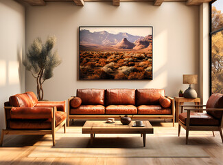 a living room is shown with brown leather furniture