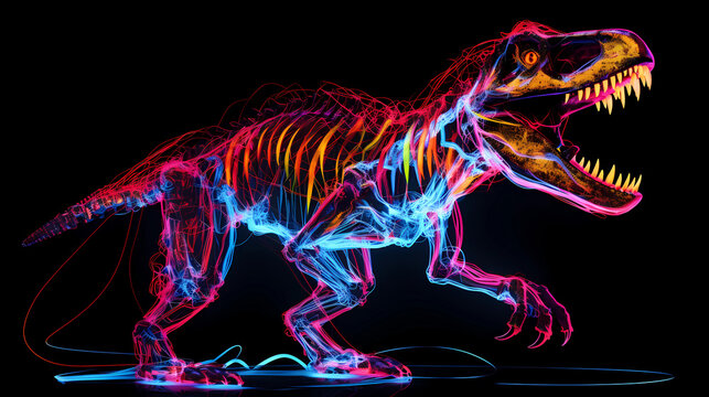 T-Rex Tyrannosaurus Rex Animal Plexus Neon Black Background Digital Desktop Wallpaper HD 4k Network Light Glowing Laser Motion Bright Abstract	