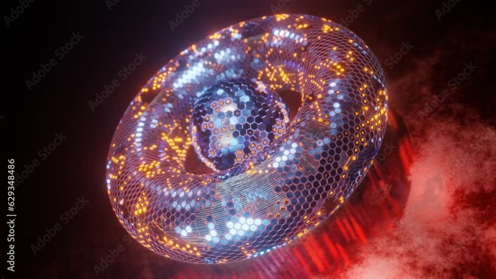 Poster loop 3d animation. abstract geometric figure of a set of hexagons. a torus of metal segments and a s
