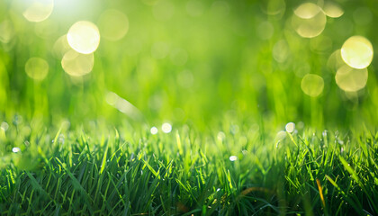Fototapeta premium Abstract background green grass field with lights blurred bokeh.