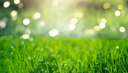 Fototapeta premium Abstract background green grass field with lights blurred bokeh.